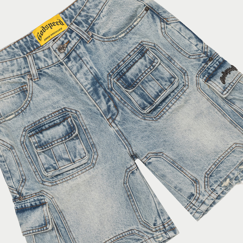 Octagon Cargo Denim Shorts (Blue)