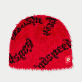 Fuzzy logo Beanie (RED BLACK) - RED BLACK - DENIM