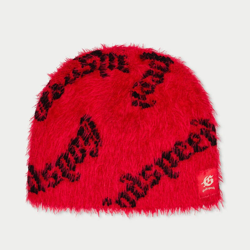 Fuzzy logo Beanie (RED BLACK) - RED BLACK - DENIM