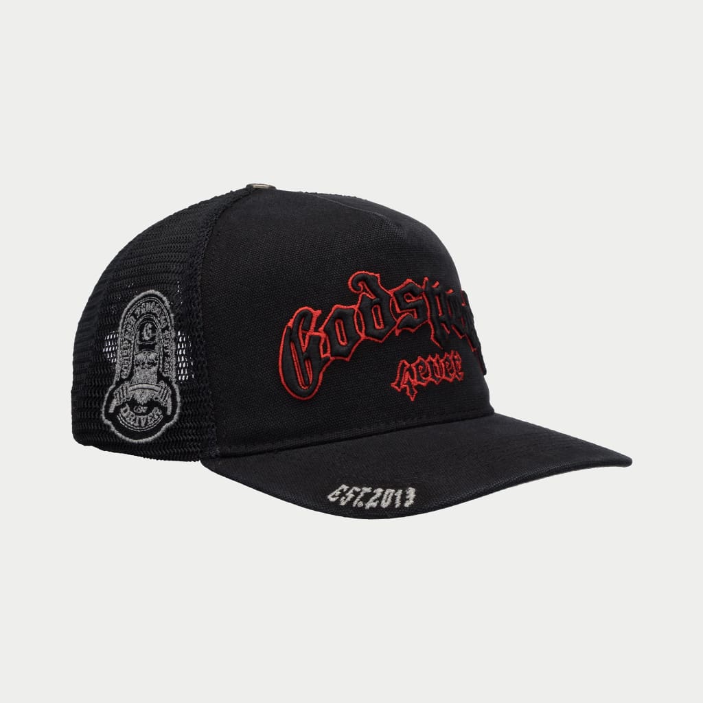 Red and black trucker hat sales