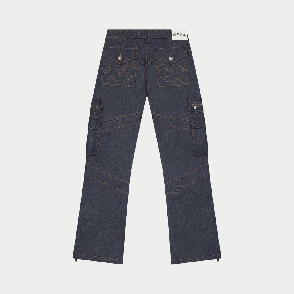 パンツ NO MASS PROD Flared denim cargo pants GODSPEED NEW YORK - Rockstar Flare Cargo Denim (Raw Blue)